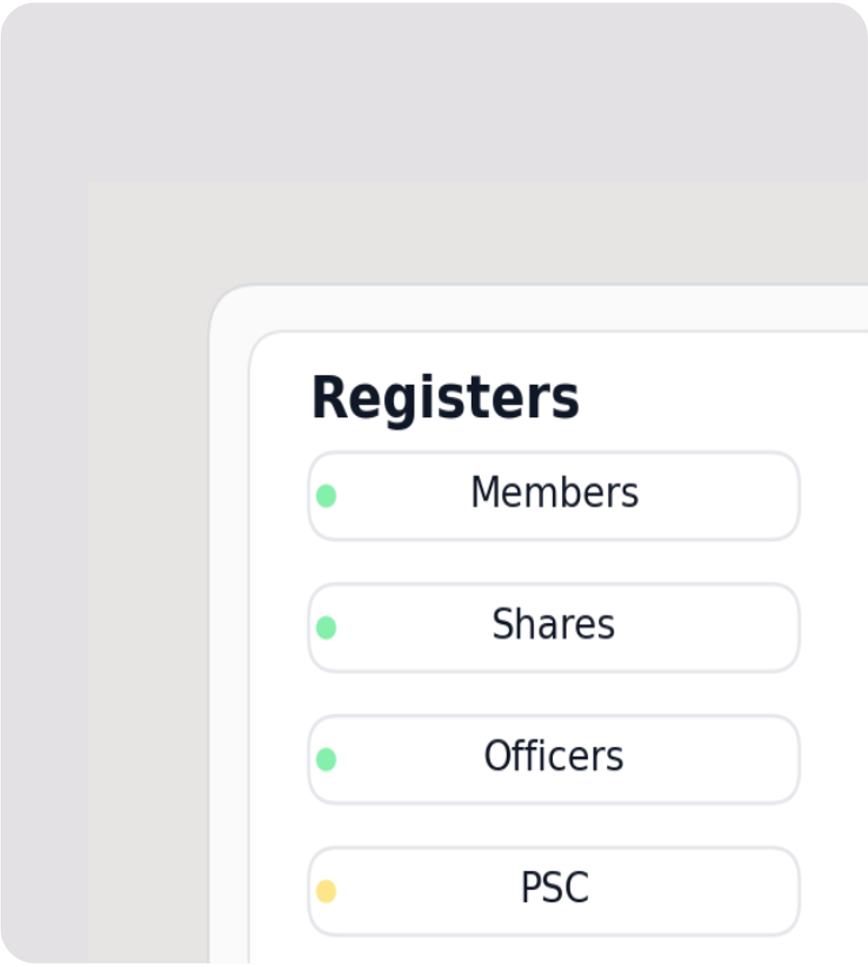 Statutory Registers Interface showing Members, Shares, Officers, and PSC